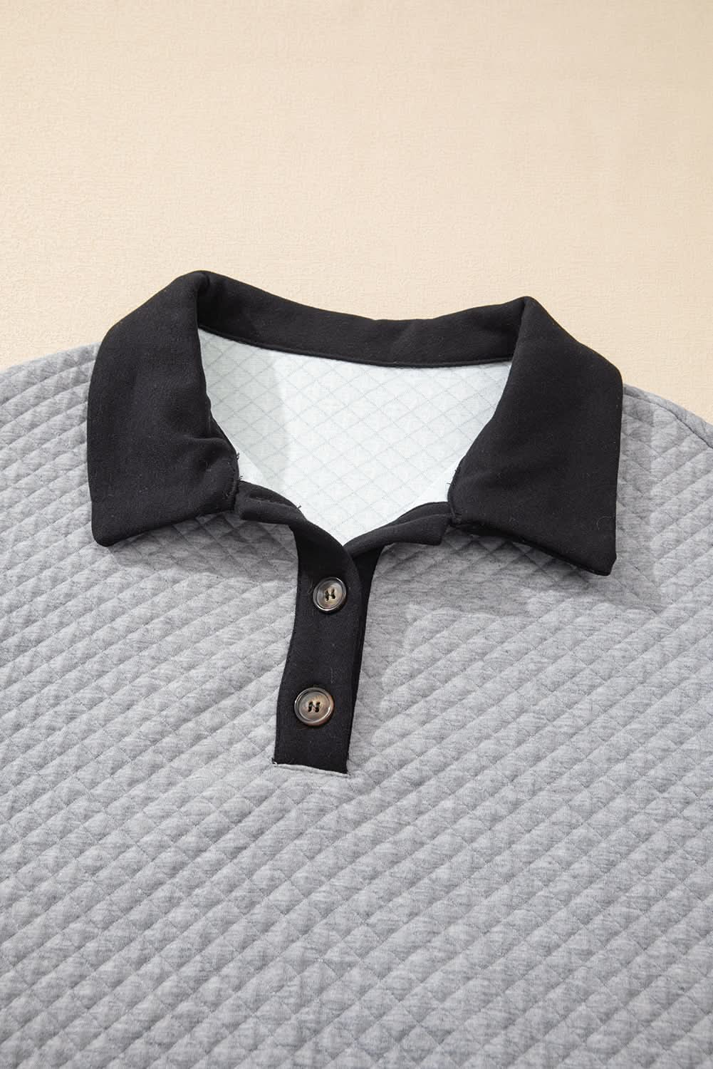 Light Grey Textured Colorblock Edge Buttoned Collar Sweatshirt - Love Salve